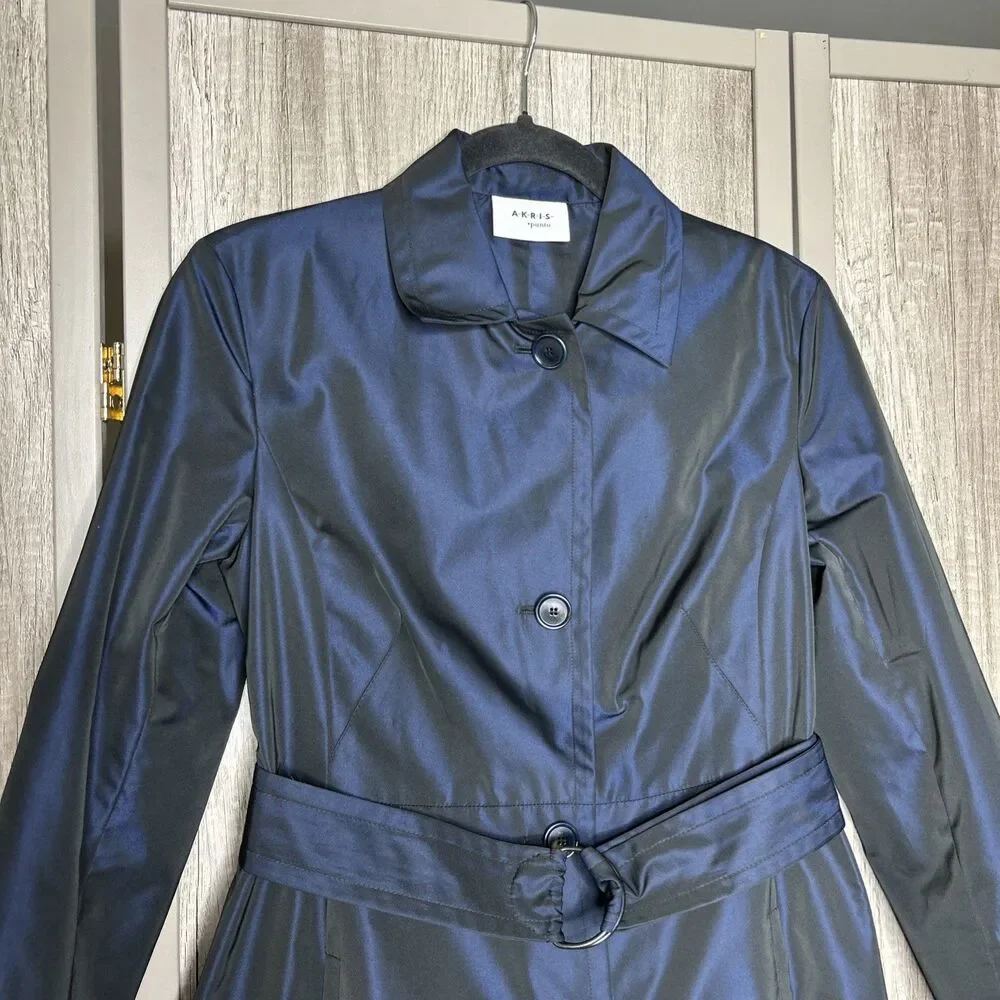 AKRIS Punto Trench Coat Women Size 4 Iridescent Asymmetric Collared Blue